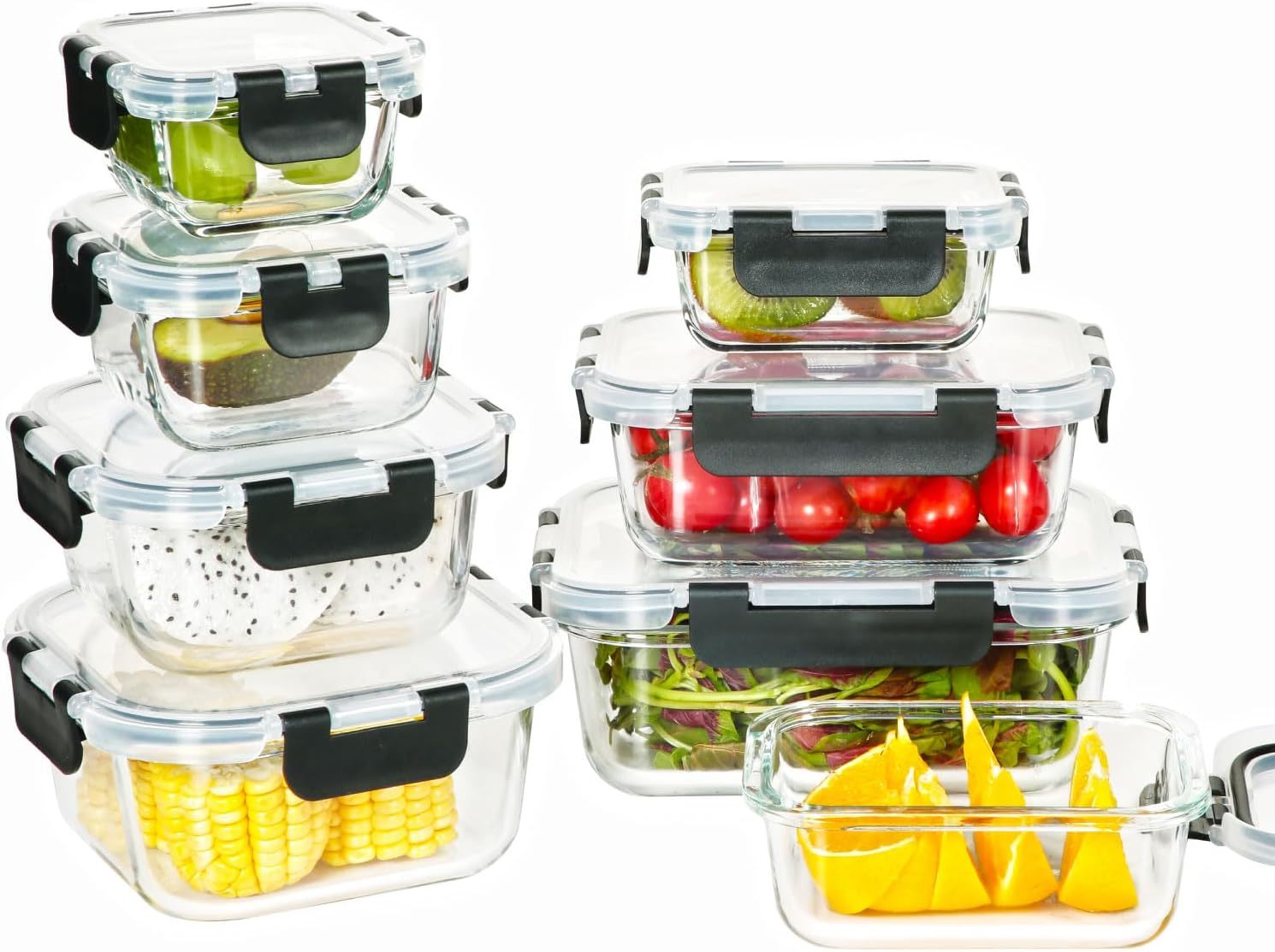 EasyWare JUEGO DE RECIPIENTES DE VIDRIO HERMÉTICO, CONTENEDORES Para Alimentos con Tapas Cierre Fácil, Refractarios para Cocina, Horno, Refrigerador Congelador (JUEGO 10 RECIPIENTES (20 PZ))