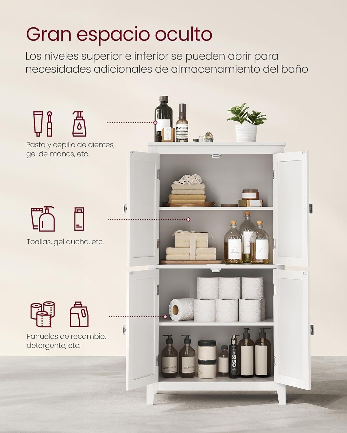 VASAGLE Mueble de Baño, Armario de Baño, Armario de Cocina, con 2 Puertas y 2 Cajones, Estantes Ajustables, 30 x 60 x 110 cm, Gris Paloma MBBC551G02