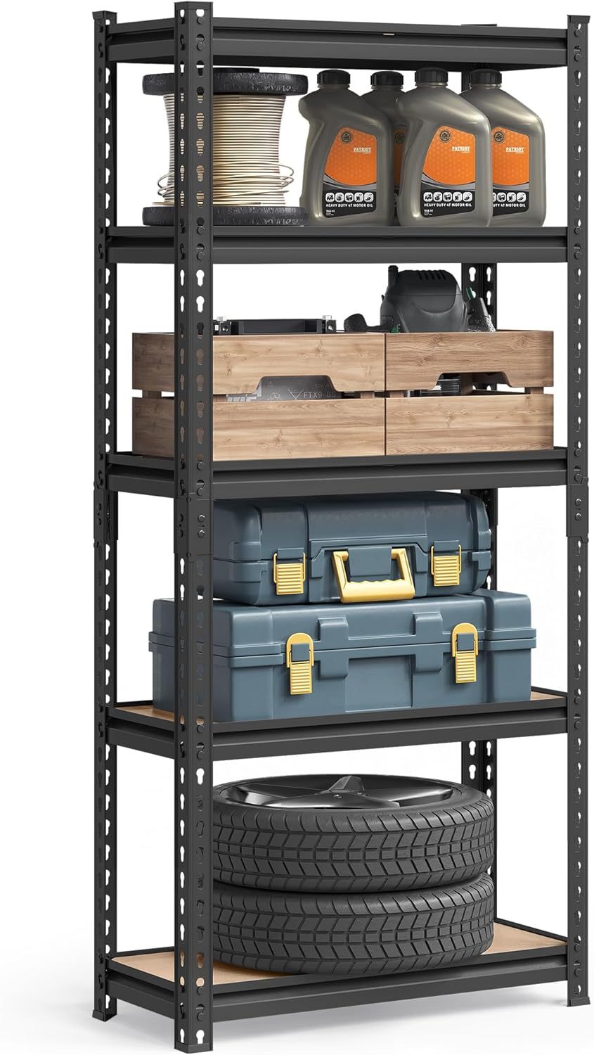 SONGMICS Estantería de Almacenamiento de 5 Niveles, Montaje sin Tornillos, Estantes Ajustables, 45 x 90 x 180 cm, Marrón Rústico y Negro MGLR450BZ02.