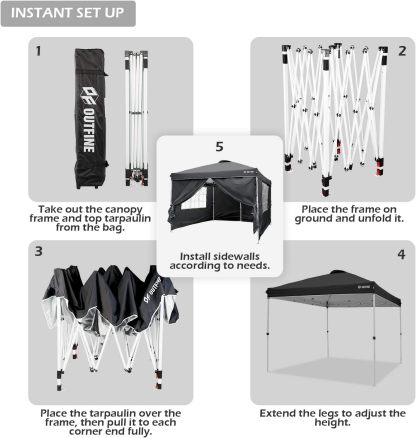 OUTFINE - Toldo desplegable de 10 x 10 pies, para cenador instantáneo, totalmente impermeable, toldos para fiestas al aire última intervensión con 4 paredes laterales extraíbles, estacas x 8, cuerdas x 4 (negro, 10 x 10 pies)
