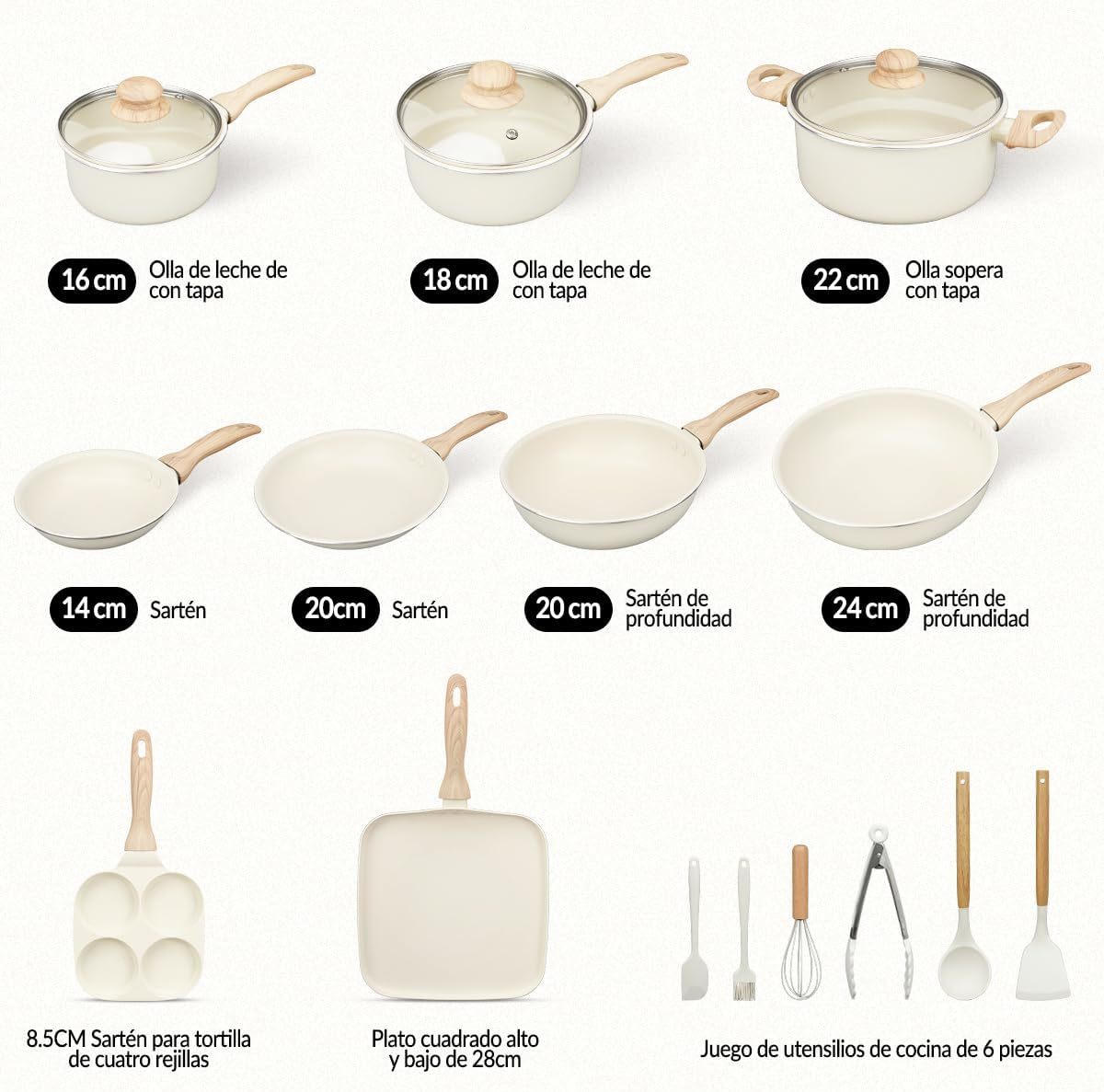 Sartenes Antiadherentes 18 Piezas, Bateria de Cocina, Juego de Sartenes de Induccion, Juego de Ollas y Sartenes, Fácil Limpieza, con Sartenes libres de PFOS y PFOA, Apto Para Todas Las Estufas