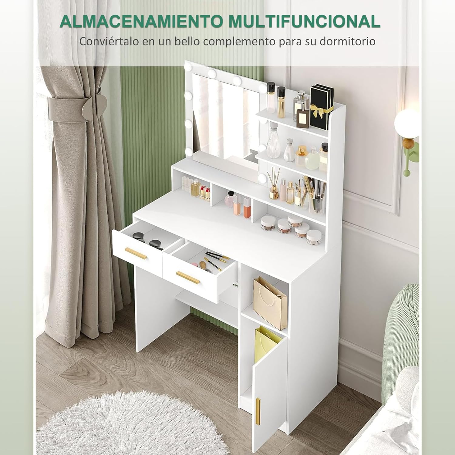 Tocador Vanity con Luz LED Regulable, Tocador de Maquillaje con 2 Cajones y 6 Estantes Abiertos Mesa de Maquillaje, Espejo de Pantalla Táctil Iluminado Ajustable (Blanco)