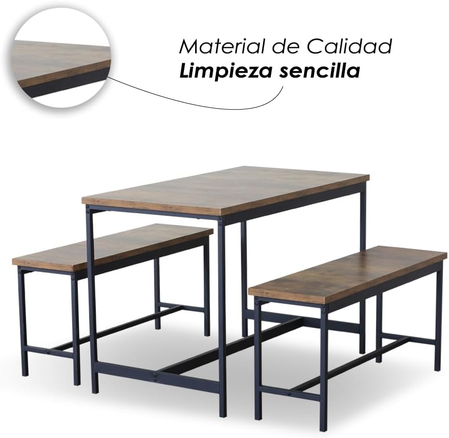 Juego de Comedor Industrial de Madera y Metal | Mesa con Sillas o Bancas | Set para 2 o 4 Personas (4 Sillas - Set para 4 Personas)