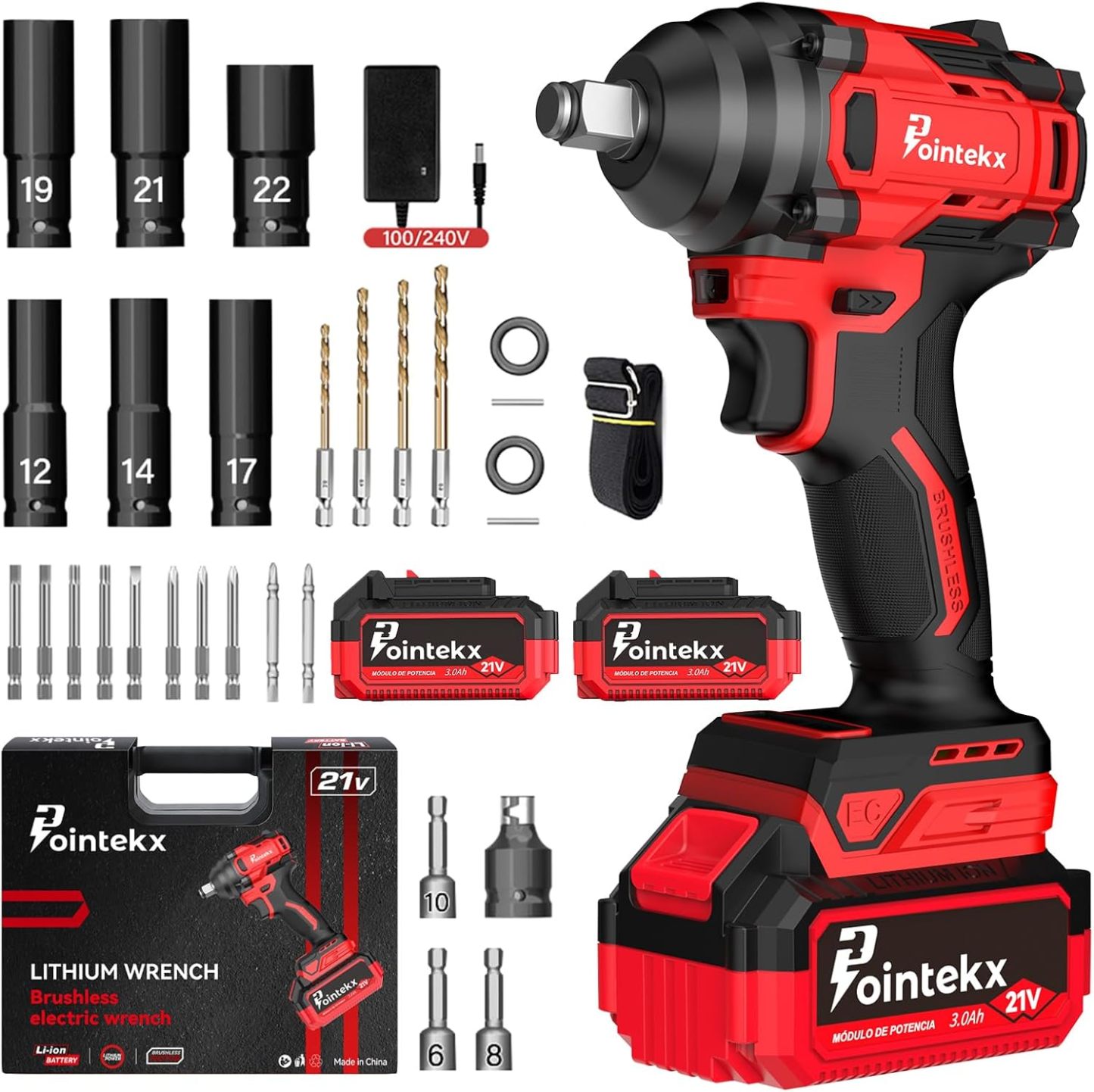 POINTEKX Pistola de Impacto 1/2" Inalambrica, 450N.M Llave de Impacto con Motor sin Escobillas, 2 * 3.0Ah Baterías Taladro de Impacto para Tornillos M6-M14, para Bricolaje y Reparación de Autos