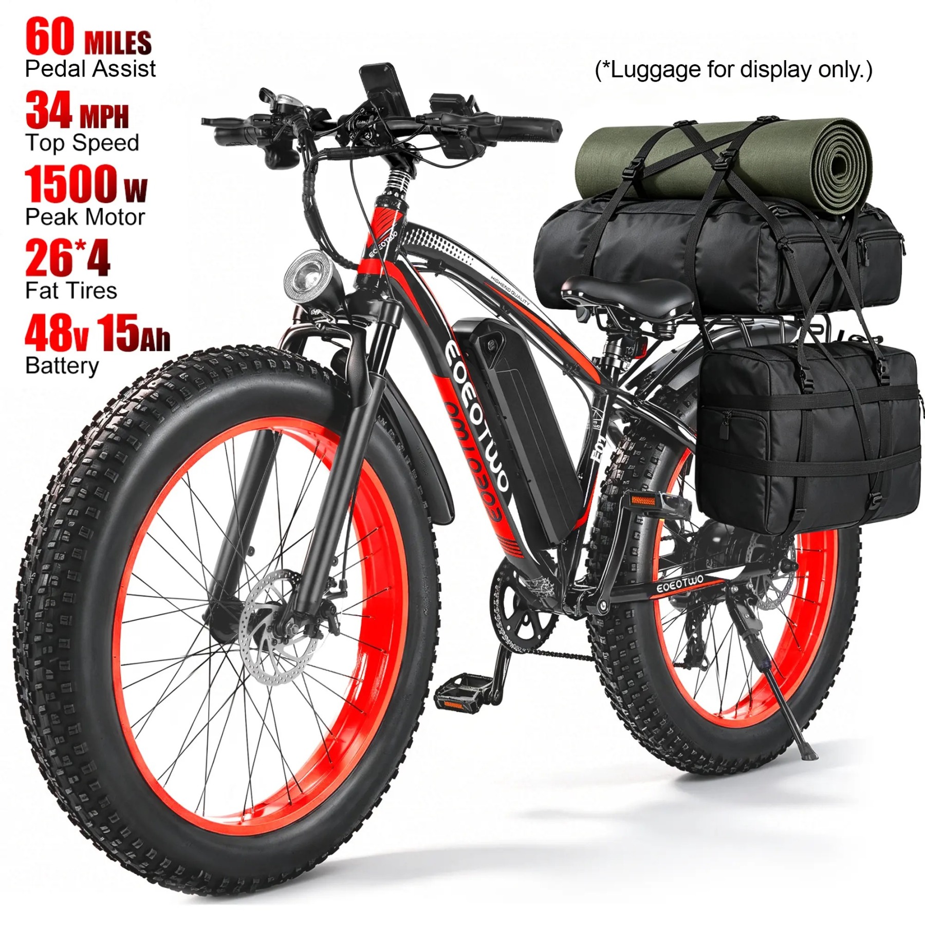 Bicicleta eléctrica con motor de 1500 W de potencia máxima, suspensión delantera, batería de 48 V y 15 Ah, neumáticos de 26" x 4,0", velocidad superior a 30 mph y autonomía de 70 millas; ideal para nieve, montaña y carretera.