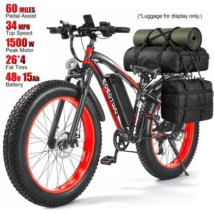 Bicicleta eléctrica con motor de 1500 W de potencia máxima, suspensión delantera, batería de 48 V y 15 Ah, neumáticos de 26" x 4,0", velocidad superior a 30 mph y autonomía de 70 millas; ideal para nieve, montaña y carretera.