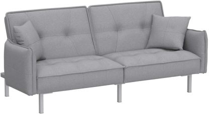 Yaheetech Sofá cama convertible moderno futón sofás, cama plegable y abajo, tela de lino reclinable para sala de estar, color gris