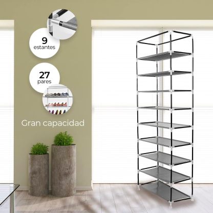 Raganet, Zapatera de 9 Niveles, Closet Plegable para Calzado y Prendas de Vestir, Estante Organizador Ajustable (Negro)
