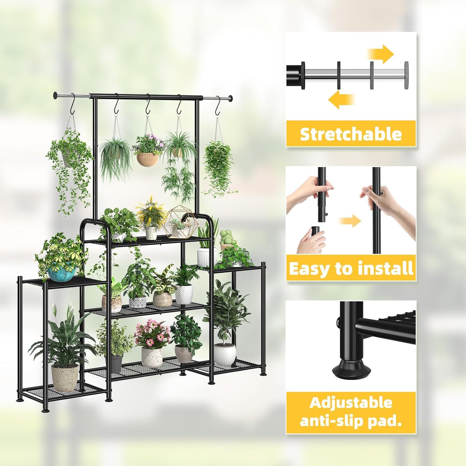 Simple Trending - Soporte para plantas de metal de 3 niveles para múltiples macetas, gran escalera, negro