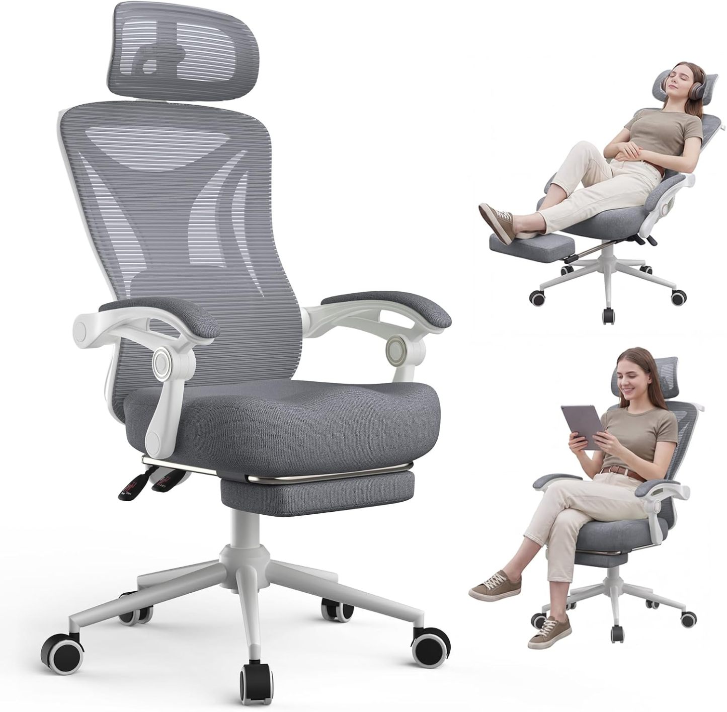 Silla de oficina reclinable, moderna y cómoda Sweetcrispy: silla ergonómica con respaldo de malla, altura ajustable, giro de 360 ​​grados y ruedas; incluye reposapiés, reposacabezas ajustable, reposabrazos acolchados y bloqueo de reclinación.