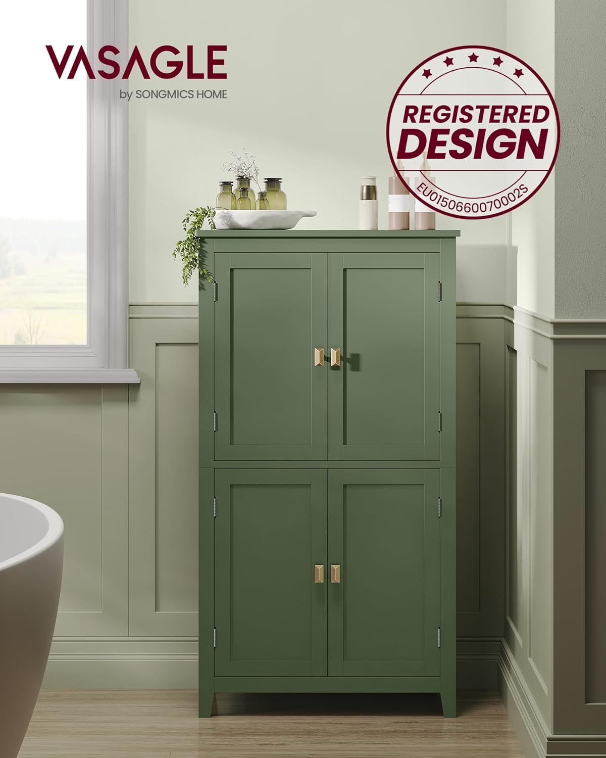 VASAGLE Mueble de Baño, Armario de Baño, Armario de Cocina, con 2 Puertas y 2 Cajones, Estantes Ajustables, 30 x 60 x 110 cm, Gris Paloma MBBC551G02