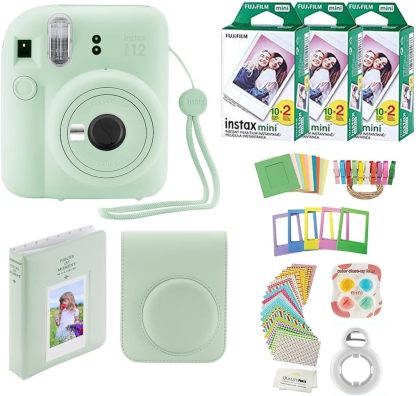 Fujifilm Instax Mini 12 cámara instantánea + 60 impresiones fotográficas + paquete de calidad para fotos, estuche, pegatinas decorativas, marcos, álbum de fotos, verde menta
