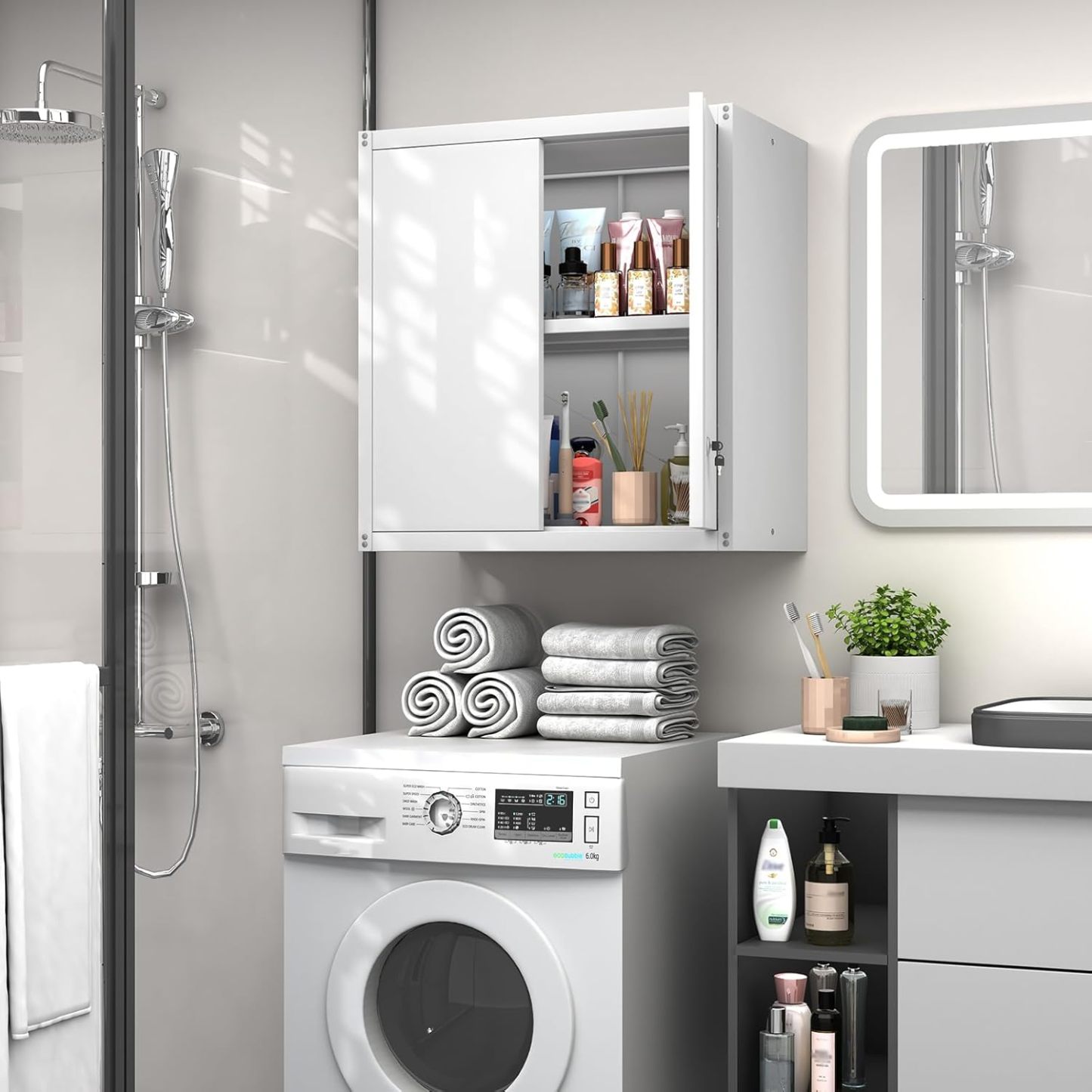 GREATMEET - clóset de almacenamiento de pared de metal con cerradura,armarios de almacenamiento de metal blanco con 1 estante ajustable y 2 puertas,gabinete de acero,desmontar H27.95 White