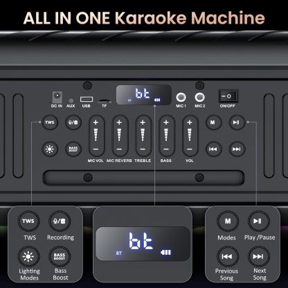 JYX Máquina de Karaoke con 2 Micrófonos Inalámbricos, Bocina Bluetooth Grande de 60W con Subwoofer Doble de 6.5", Luces de Disco, Sonido TWS y Bajos Profundos, Regalo Ideal para Todas Las Edades