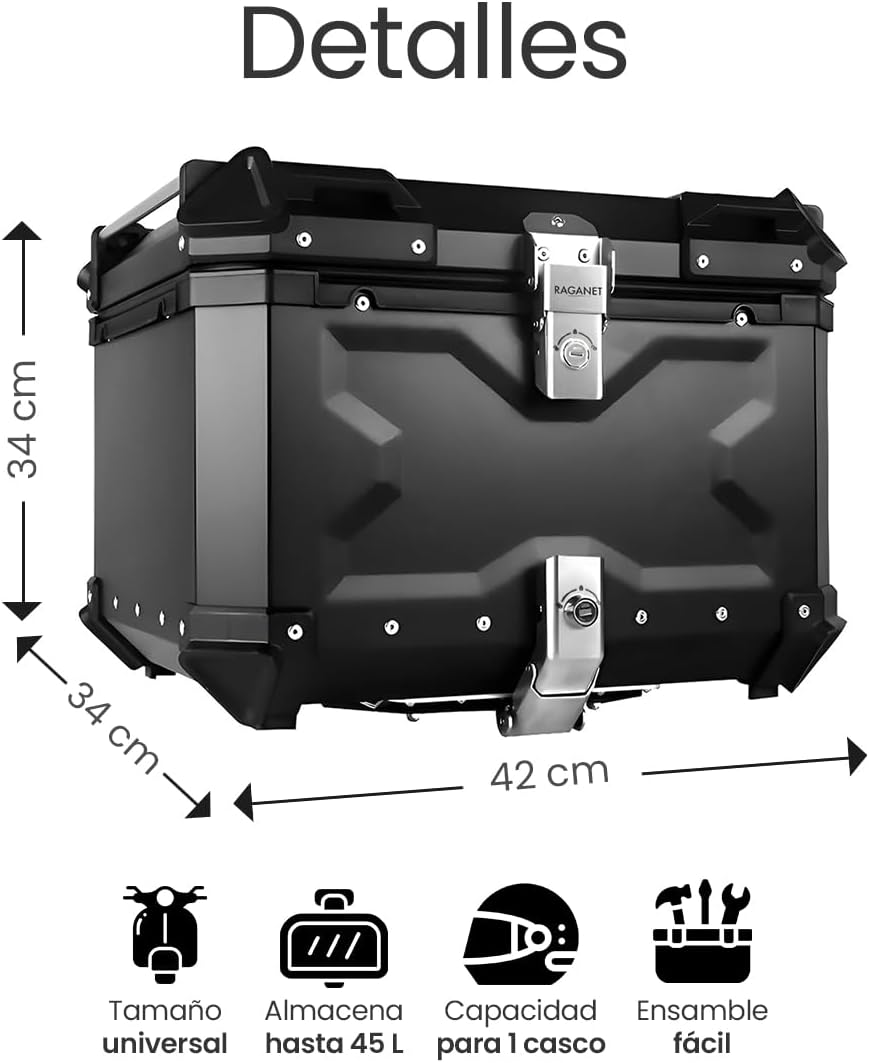 Raganet, Cajuela Profesional para Motocicletas, Maletero de Moto con Interior Forrado de Vinil, Cerradura de Doble Bloqueo, Esquinas Reforzadas, Medidas: 42cm X 34cm, Incluye Material de Montaje