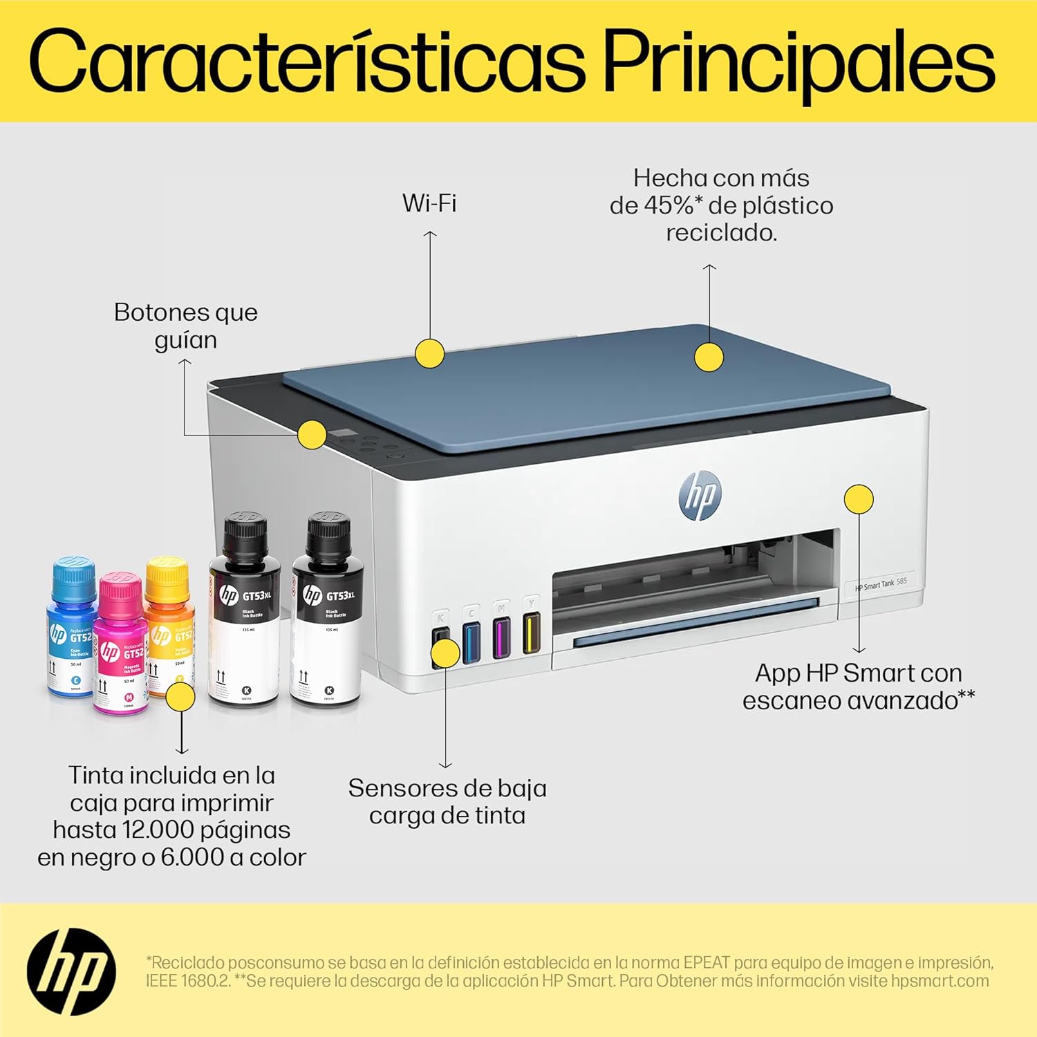 HP Impresora Multifuncional Smart Tank 585, Tinta Continua, Color, Wi-Fi, Dúplex (Doble Cara) Manual, Impresión Desde Smart App, hasta 2 años de Garantía* (1F3Y4A)