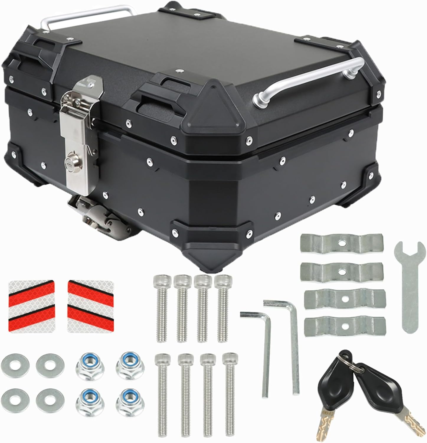 Labwork - Caja trasera para motocicleta de 45 l, con placa de montaje, aleación de aluminio dura, cierre de seguridad contra robo, metal plateado, caja trasera para maletero