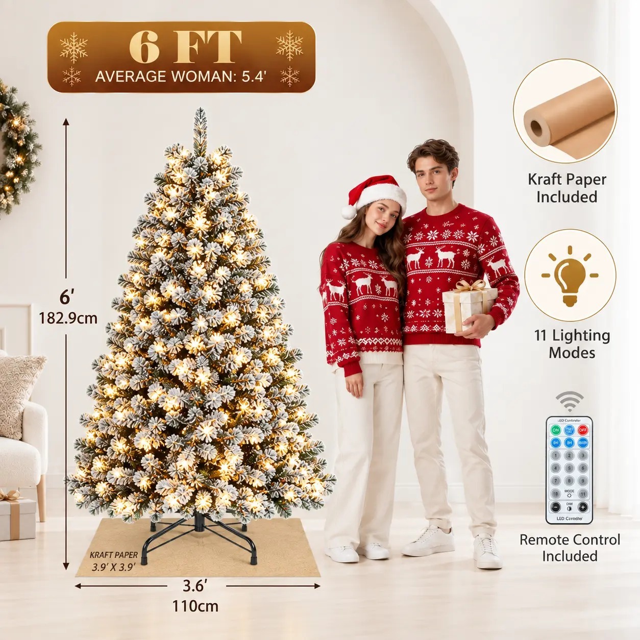 【11 modos de iluminación】 Árbol de Navidad artificial YITAHOME (disponible en 4,5 / 6 / 7,5 / 9 pies) con puntas de PVC y luces de color blanco cálido; ideal para la decoración del hogar o la oficina.