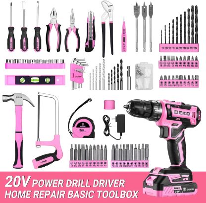 Juego de herramientas de taladro rosa: caja de herramientas de taladro eléctrico inalámbrico de 20 V con batería, taladro eléctrico para hombres, reparación de mano, caja de herramientas básicas