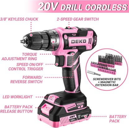 Juego de herramientas de taladro rosa: caja de herramientas de taladro eléctrico inalámbrico de 20 V con batería, taladro eléctrico para hombres, reparación de mano, caja de herramientas básicas