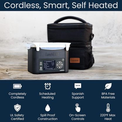 LunchEAZE Pro - Fiambrera térmica inalámbrica, alimentada con pilas, capacidad de 4 tazas, 250 °F máximo, calefacción programada automática, bolsa aislada incluida para comidas calientes en cualquier