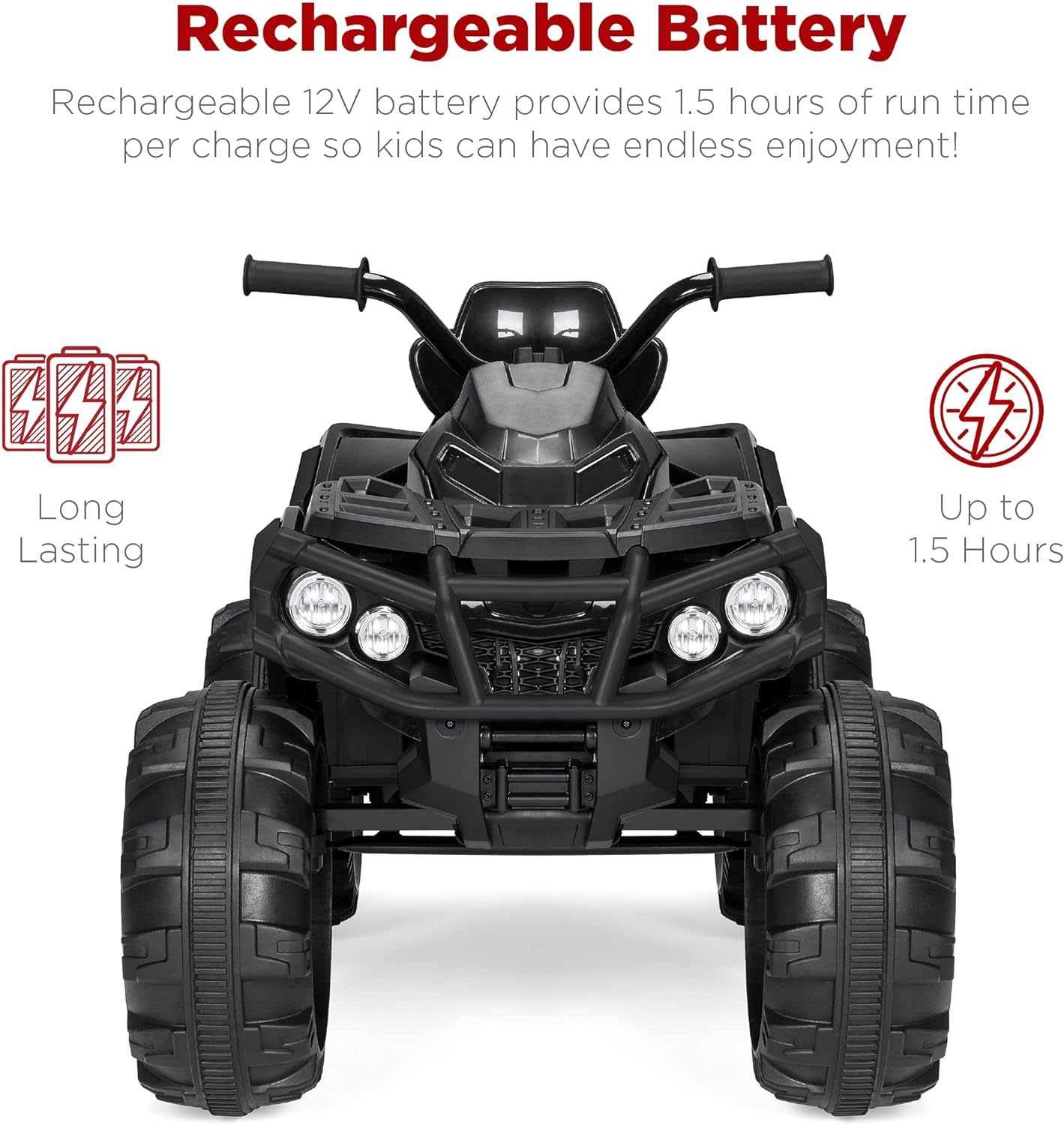 Best Choice Products 12V ATV eléctrico para niños de 4 ruedas con audio Bluetooth, velocidad máxima de 3.7 mph, neumáticos con banda de rodadura, faros LED, radio, color negro