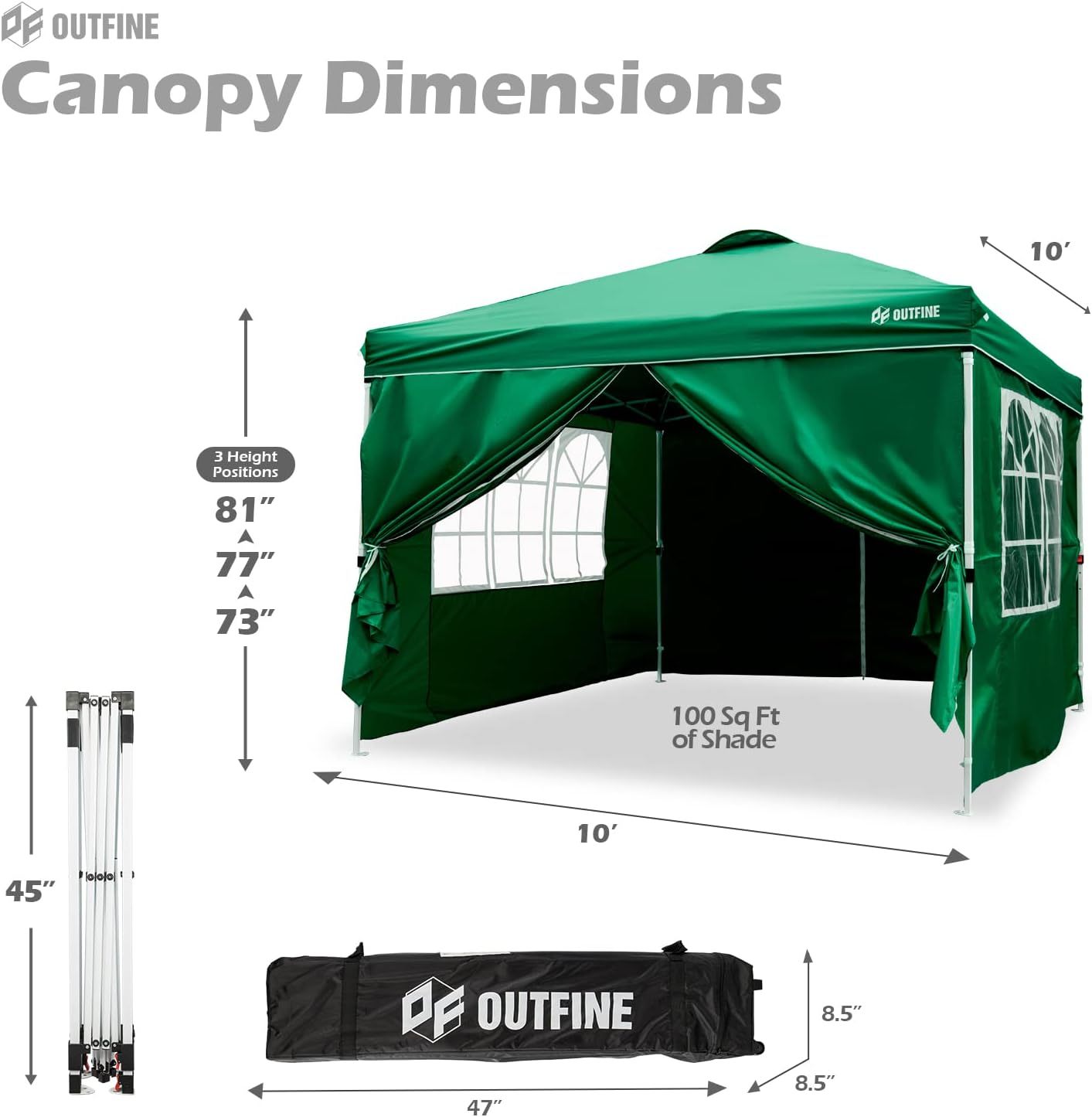 OUTFINE - Toldo desplegable de 10 x 10 pies, para cenador instantáneo, totalmente impermeable, toldos para fiestas al aire última intervensión con 4 paredes laterales extraíbles, estacas x 8, cuerdas x 4 (negro, 10 x 10 pies)