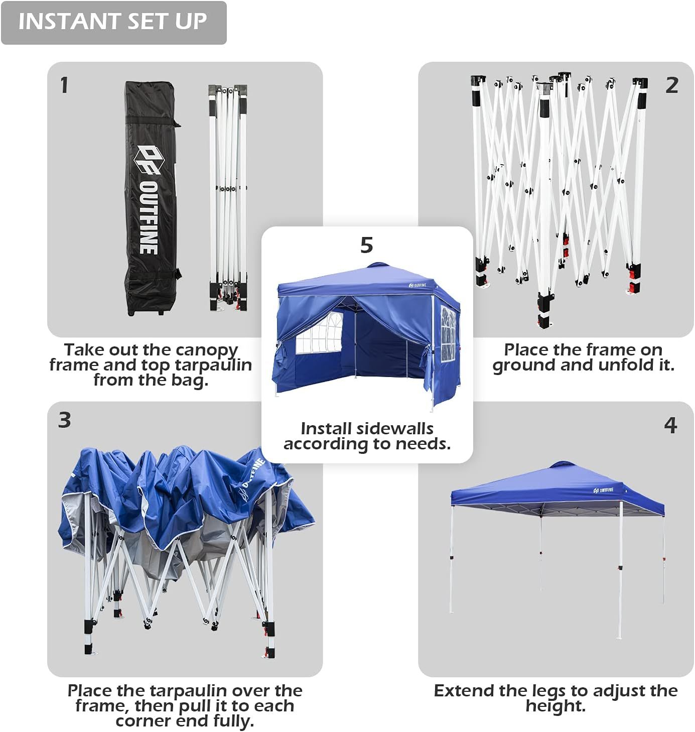 OUTFINE - Toldo desplegable de 10 x 10 pies, para cenador instantáneo, totalmente impermeable, toldos para fiestas al aire última intervensión con 4 paredes laterales extraíbles, estacas x 8, cuerdas x 4 (negro, 10 x 10 pies)