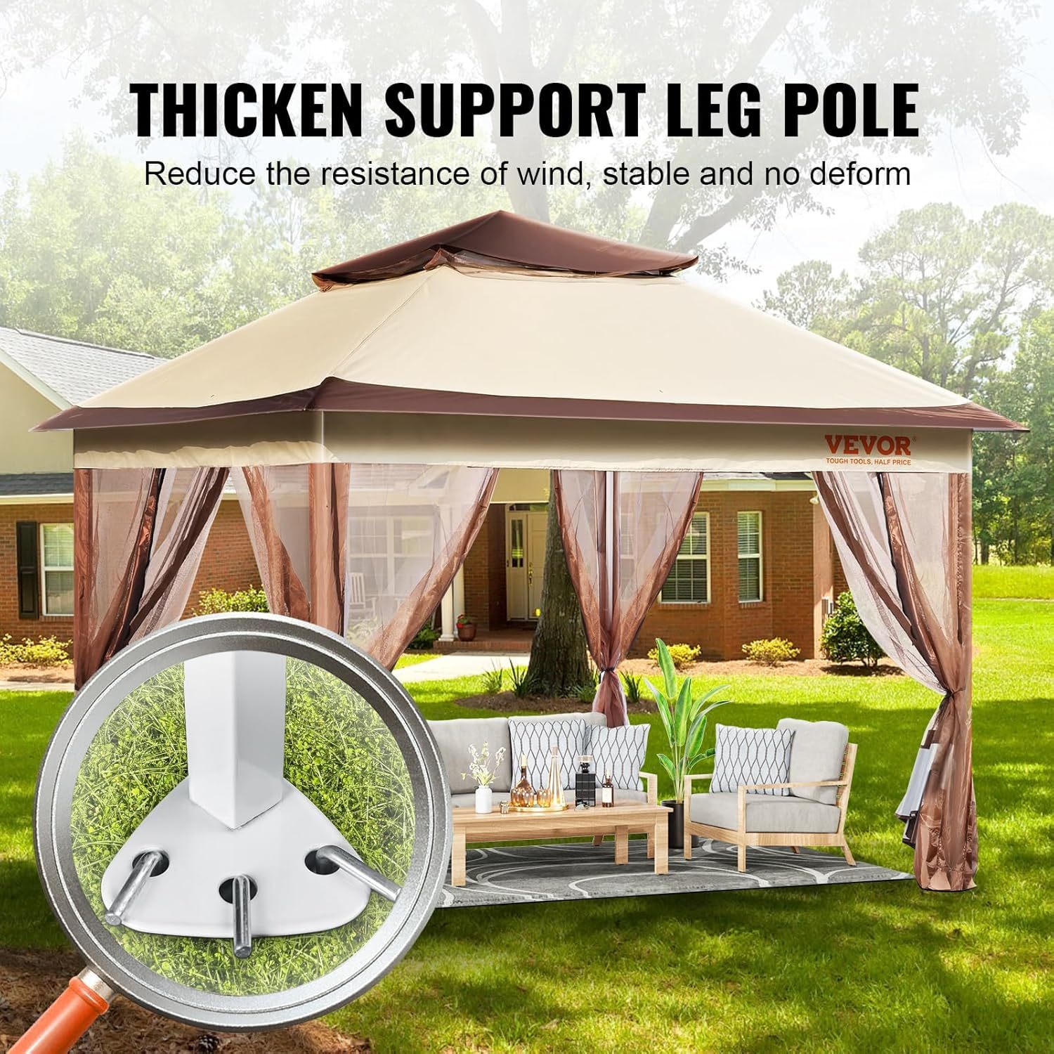 VEVOR - Gazebo desplegable para 8-10 Personas, con mosquitero, Marco de Metal y Tela Oxford 250D recubierta de Poliuretano, toldo Exterior para Patio, Patio, jardín, terraza, 11 x 11 pies, Color café