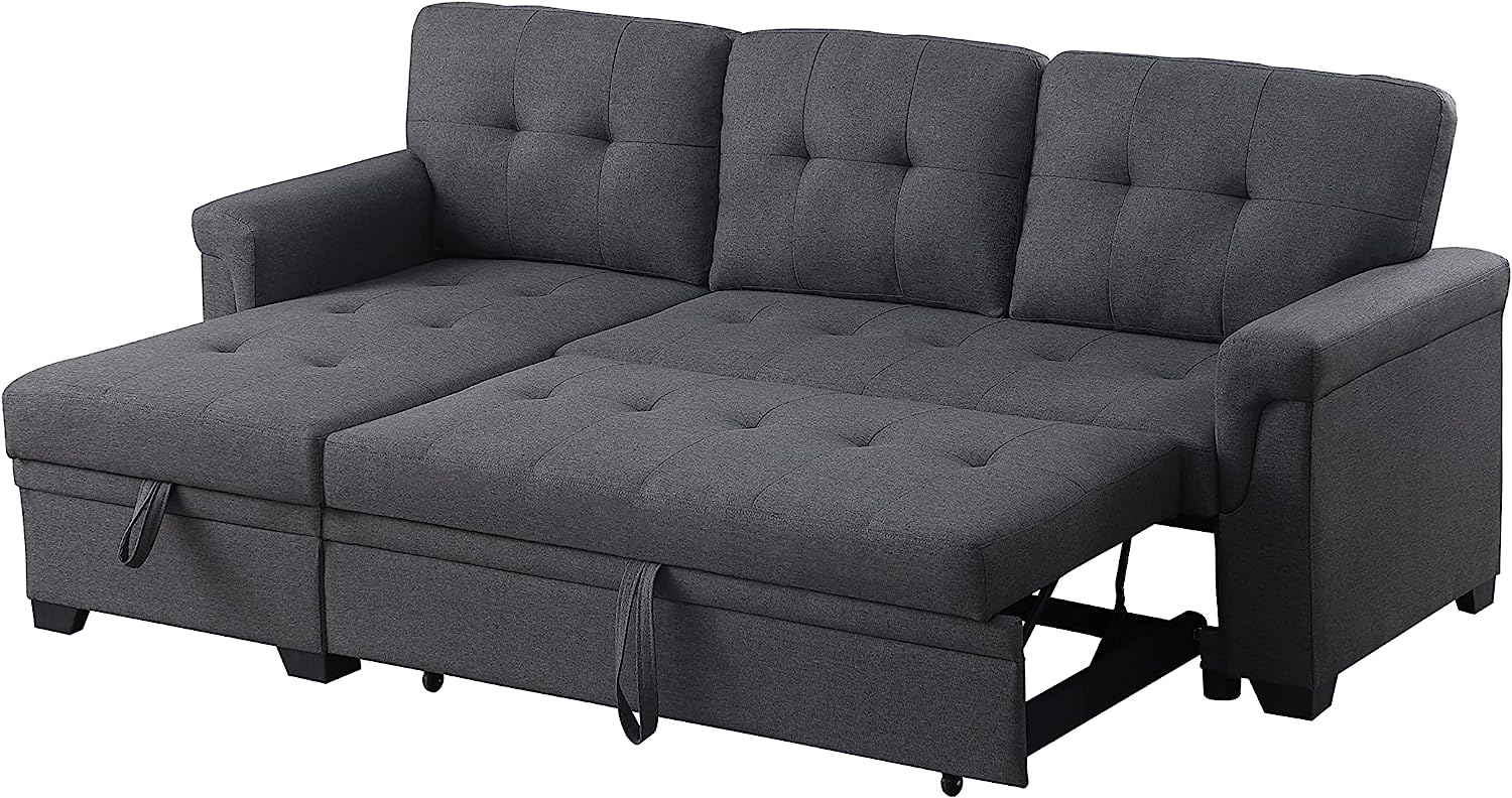 Lilola Home Lucca Sofá seccional Reversible, sillón de Almacenamiento, Cama extraíble, salón en Forma de L, Gris Acero, Lino