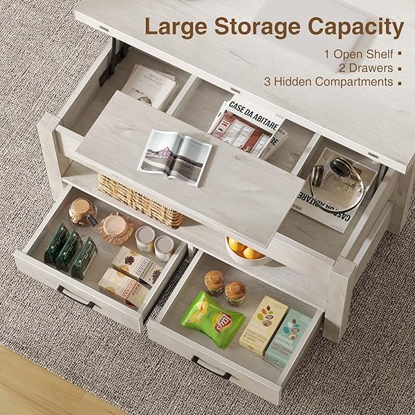 Mesa de centro con cubierta elevable, convertible, multifunción, con cajones y compartimiento oculto, se convierte en mesa de comedor, para sala de estar, oficina en casa, gris