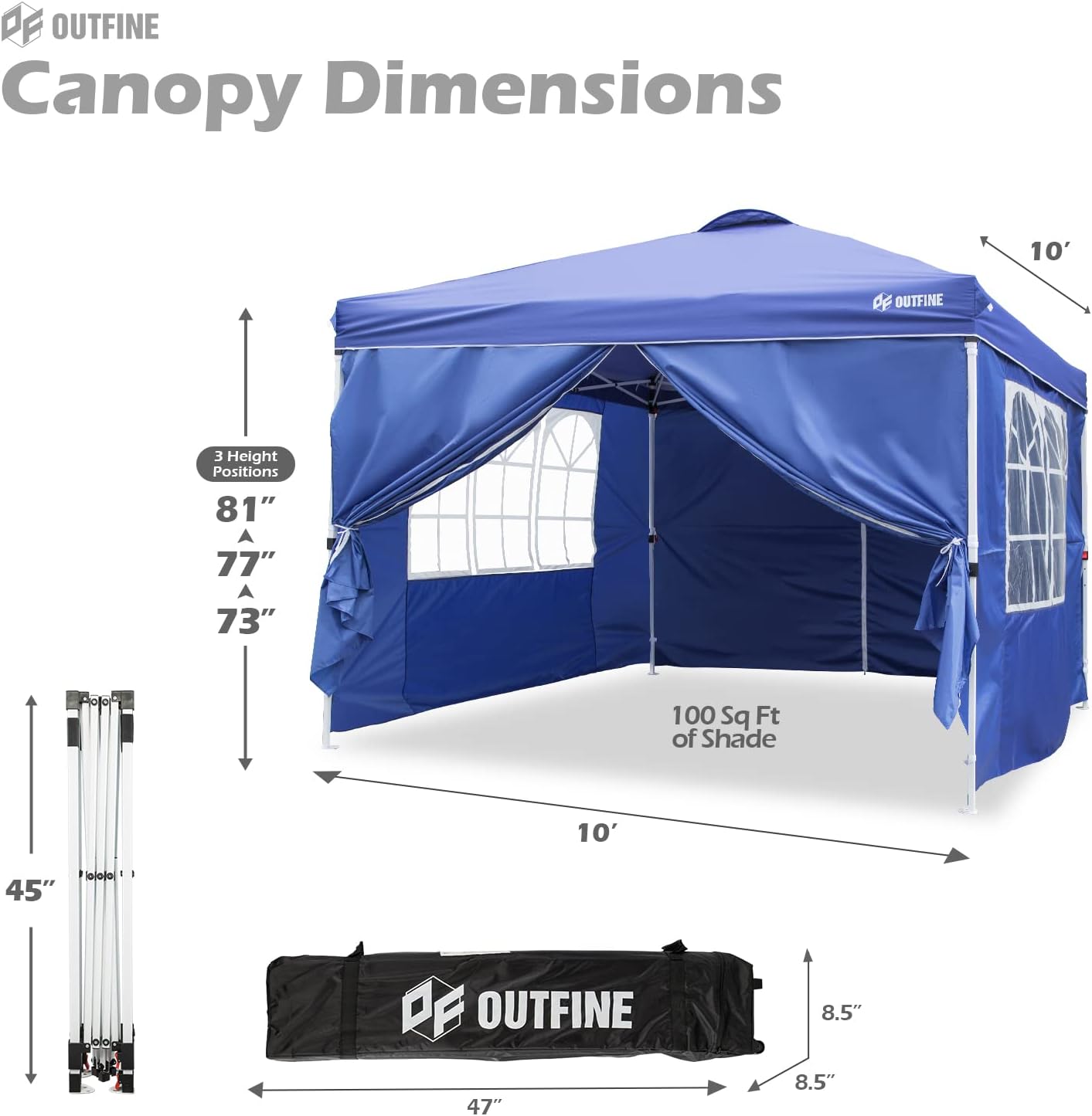 OUTFINE - Toldo desplegable de 10 x 10 pies, para cenador instantáneo, totalmente impermeable, toldos para fiestas al aire última intervensión con 4 paredes laterales extraíbles, estacas x 8, cuerdas x 4 (negro, 10 x 10 pies)