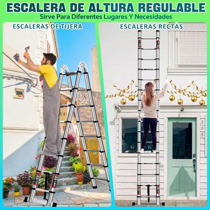 Escalera Telescópica 5 Metros Escalera de Tijera Aceros Inoxidables Plegable 2.5M+2.5M, Multiusos Retráctil Portátiles, Soporta 150 kg con Bloqueos de Seguridad