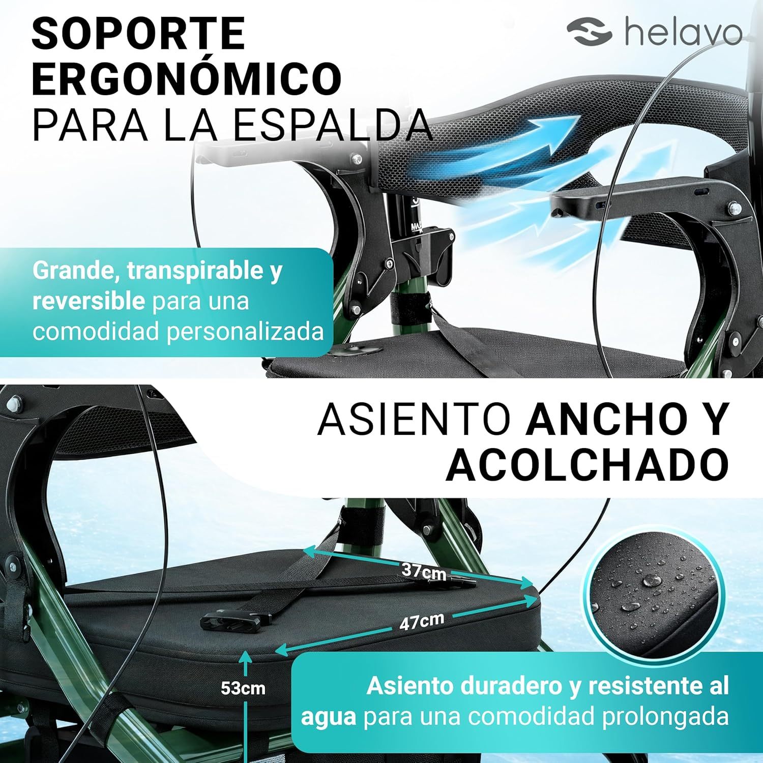 Helavo Andador 2 en 1 con Ruedas Todo Terreno de 10”, Silla de Ruedas Plegable Rollator Ligero con Función de Transporte, Altura Ajustable, Soporta hasta 136 kg