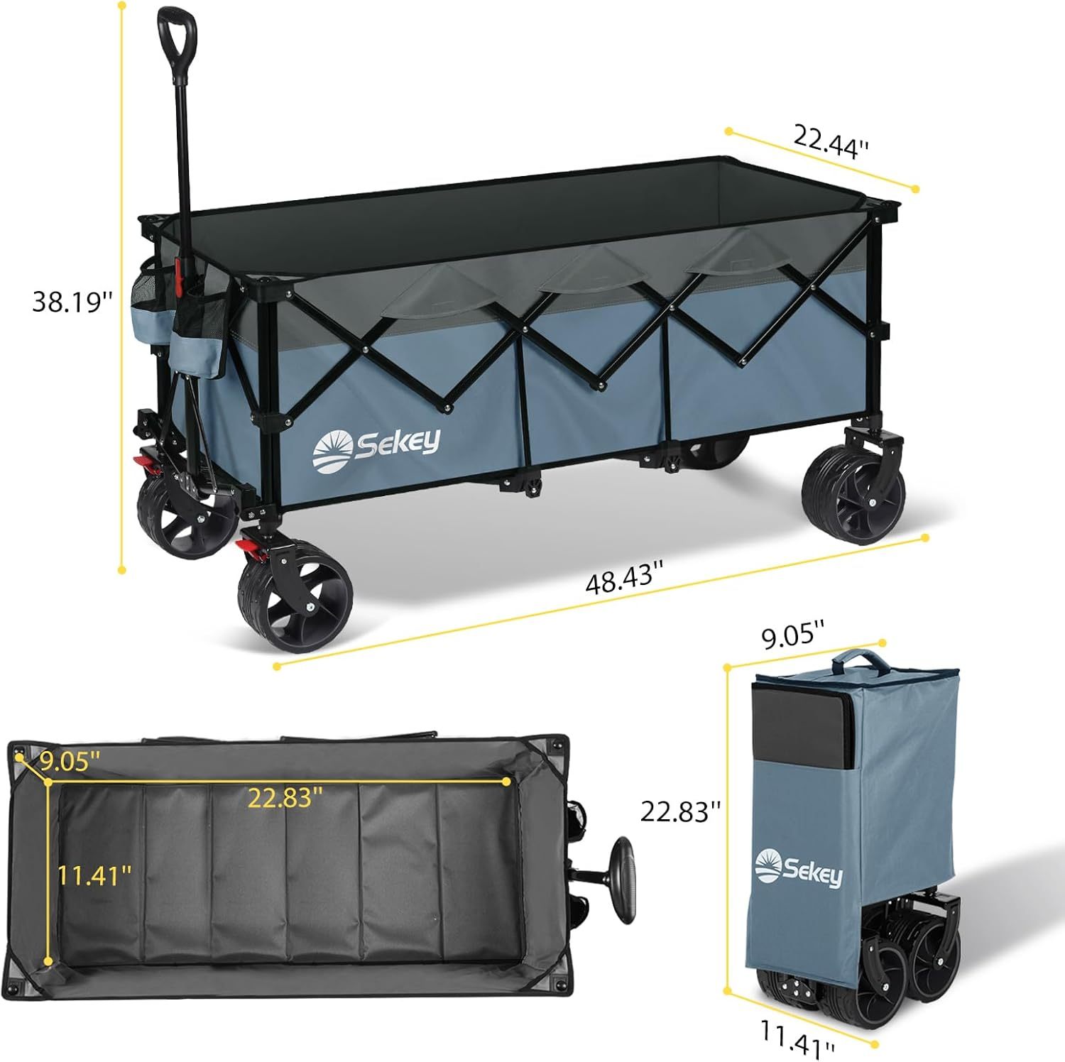 Sekey Carro plegable plegable de 48 pulgadas de largo con capacidad de peso de 420 libras, carro de jardín plegable de 300 litros de servicio pesado con ruedas de playa grandes todo terreno y soportes