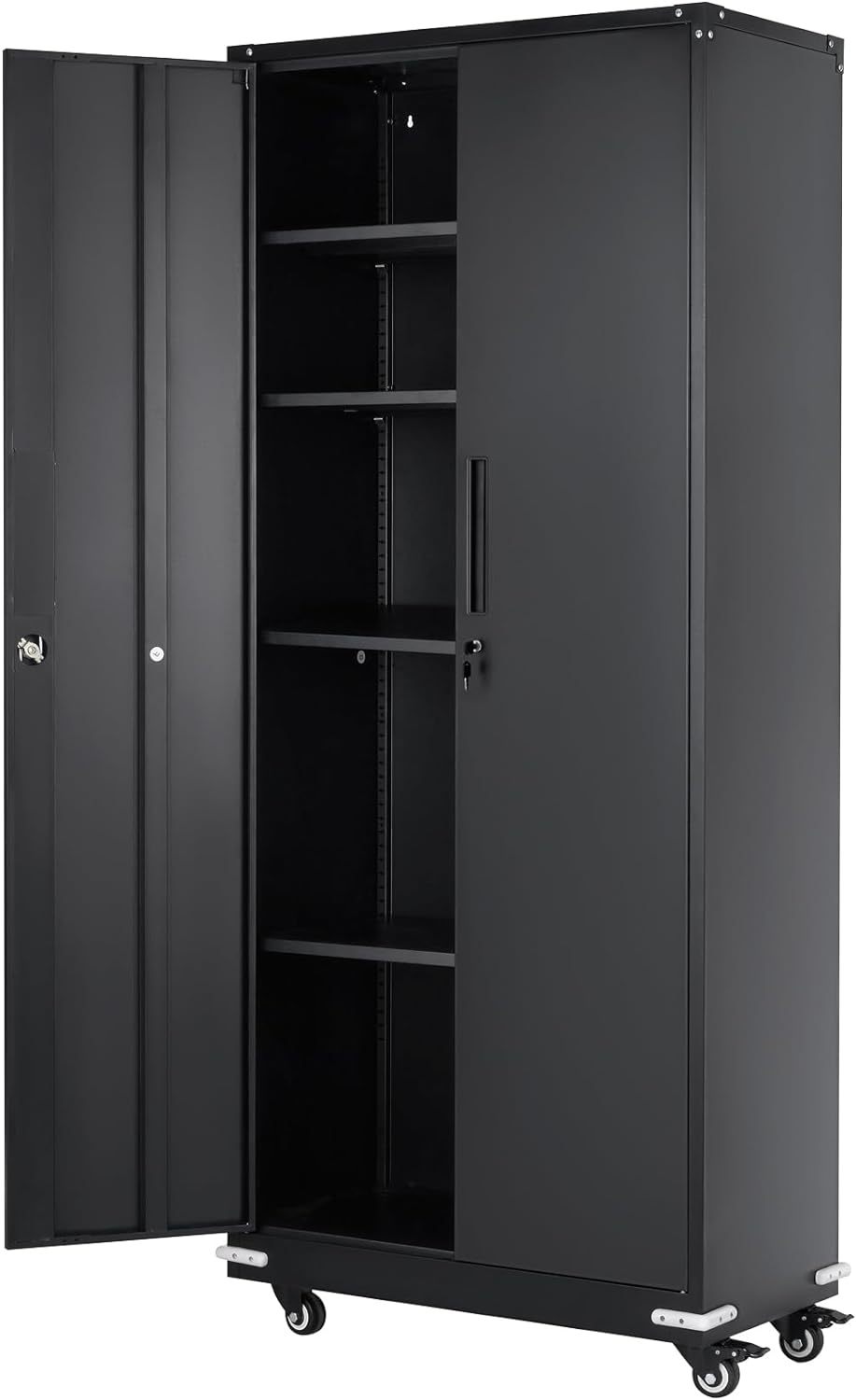Metal Storage Cabinet with Wheels, 75'' Locking Steel Storage Cabinet with 2 Magnetic Doors and 4 Adjustable Shelves for Office, Garage, Home
