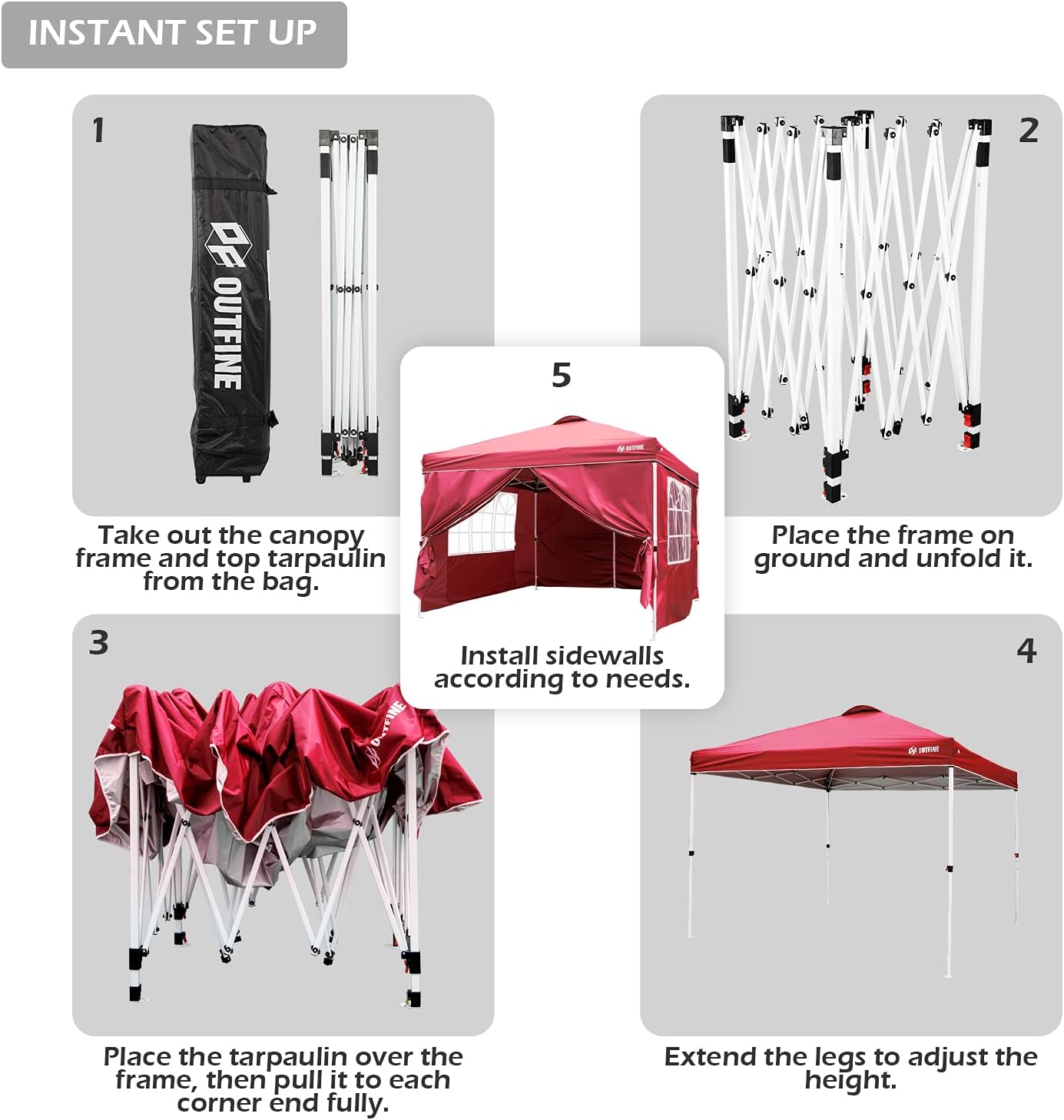 OUTFINE - Toldo desplegable de 10 x 10 pies, para cenador instantáneo, totalmente impermeable, toldos para fiestas al aire última intervensión con 4 paredes laterales extraíbles, estacas x 8, cuerdas x 4 (negro, 10 x 10 pies)