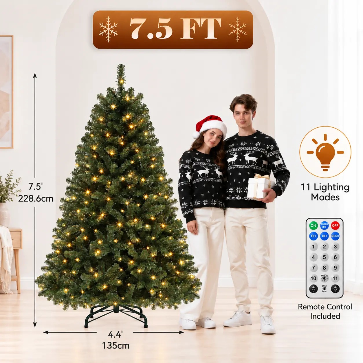 【11 modos de iluminación】 Árbol de Navidad artificial YITAHOME (disponible en 4,5 / 6 / 7,5 / 9 pies) con puntas de PVC y luces de color blanco cálido; ideal para la decoración del hogar o la oficina.