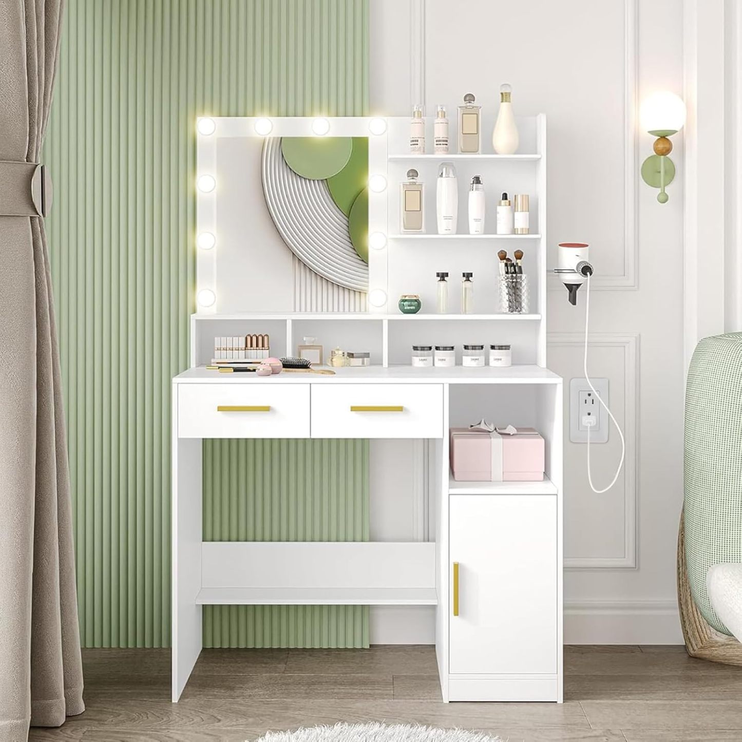 Tocador Vanity con Luz LED Regulable, Tocador de Maquillaje con 2 Cajones y 6 Estantes Abiertos Mesa de Maquillaje, Espejo de Pantalla Táctil Iluminado Ajustable (Blanco)