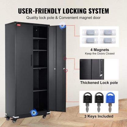 Metal Storage Cabinet with Wheels, 75'' Locking Steel Storage Cabinet with 2 Magnetic Doors and 4 Adjustable Shelves for Office, Garage, Home