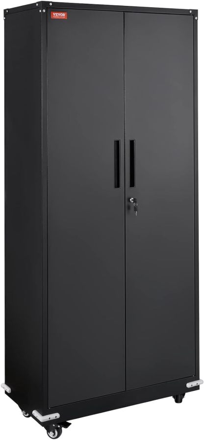 Metal Storage Cabinet with Wheels, 75'' Locking Steel Storage Cabinet with 2 Magnetic Doors and 4 Adjustable Shelves for Office, Garage, Home