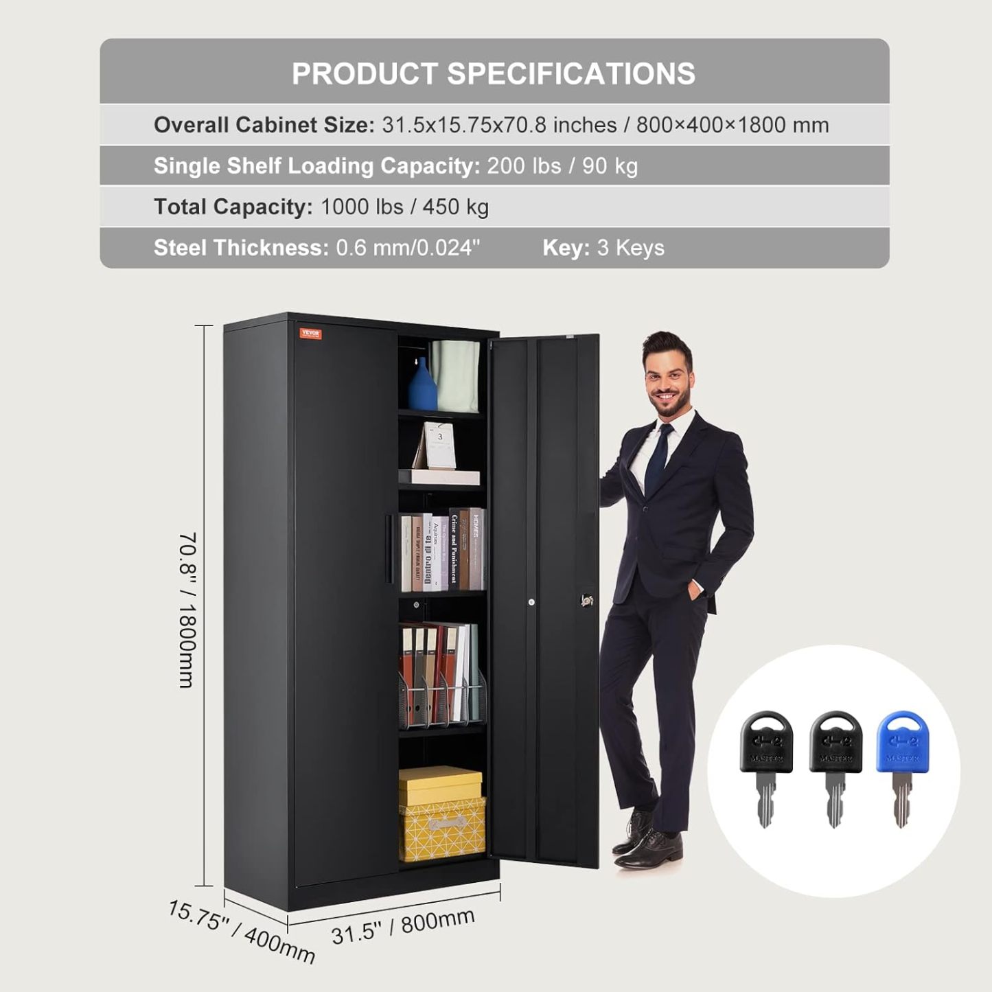 Metal Storage Cabinet with Wheels, 75'' Locking Steel Storage Cabinet with 2 Magnetic Doors and 4 Adjustable Shelves for Office, Garage, Home