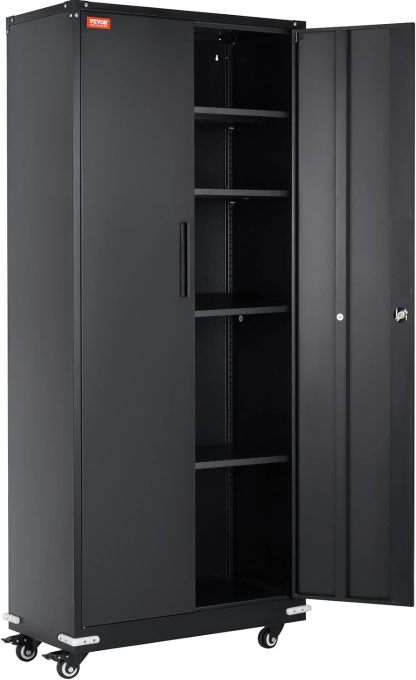 Metal Storage Cabinet with Wheels, 75'' Locking Steel Storage Cabinet with 2 Magnetic Doors and 4 Adjustable Shelves for Office, Garage, Home