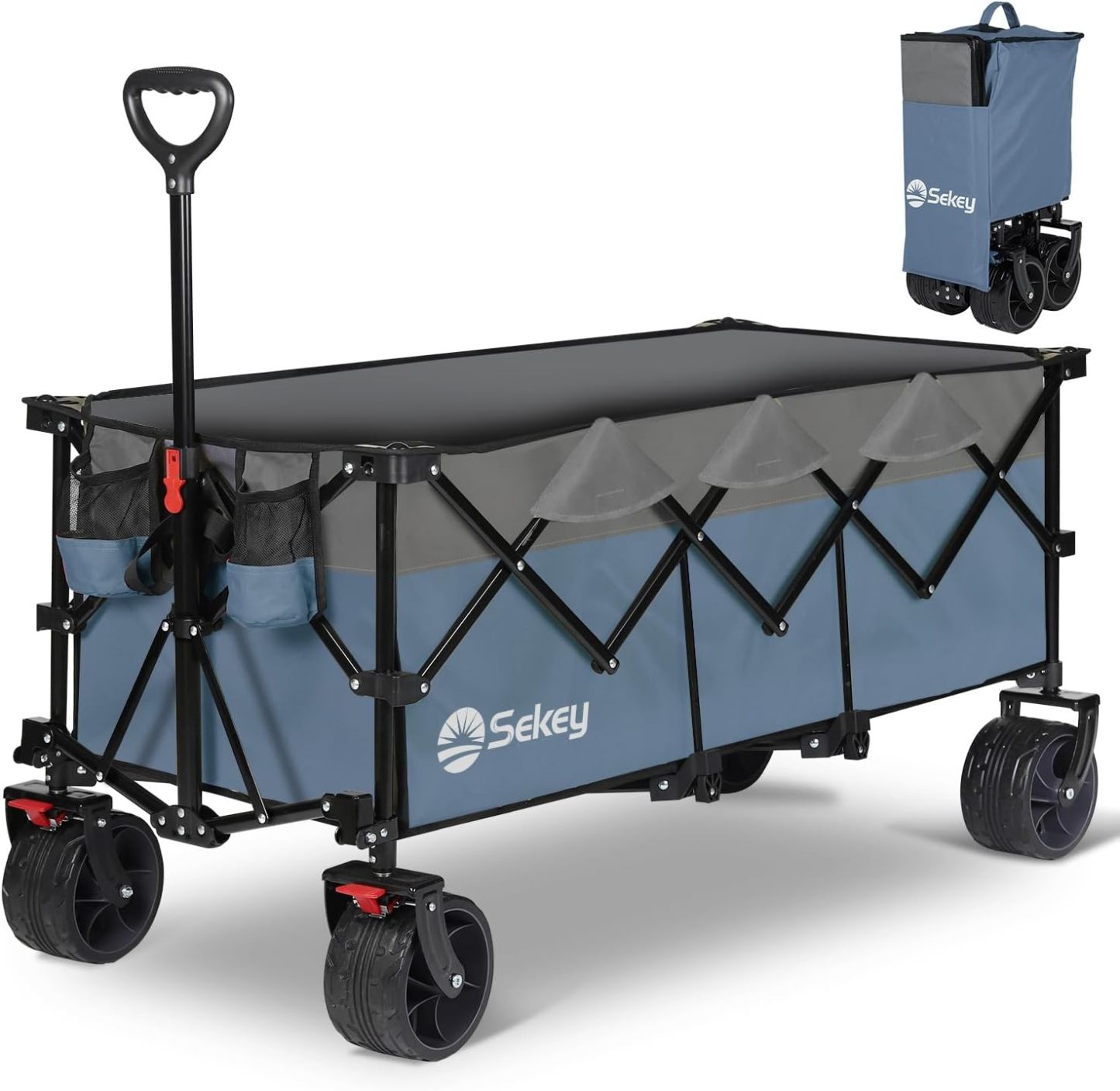 Sekey Carro plegable plegable de 48 pulgadas de largo con capacidad de peso de 420 libras, carro de jardín plegable de 300 litros de servicio pesado con ruedas de playa grandes todo terreno y soportes