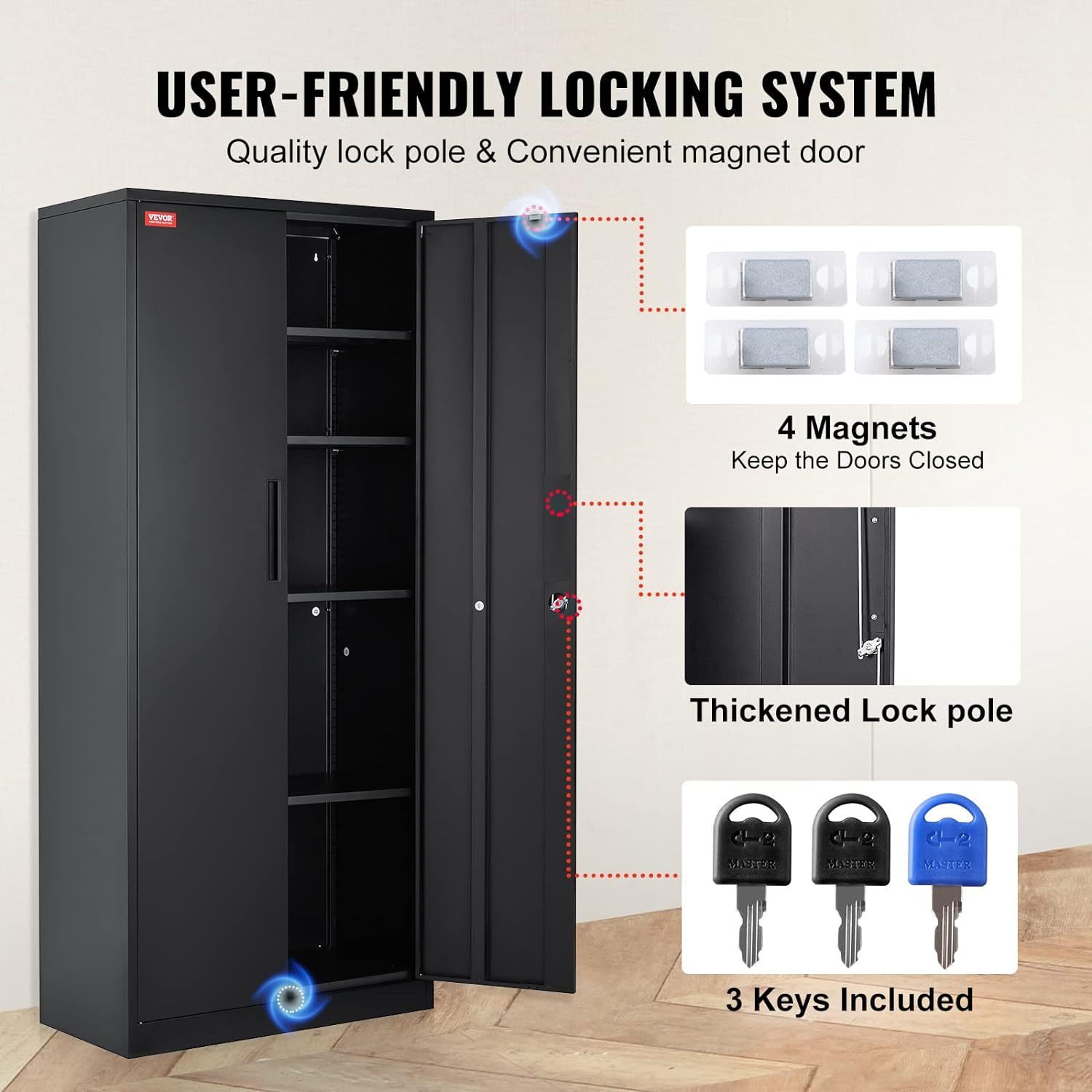 Metal Storage Cabinet with Wheels, 75'' Locking Steel Storage Cabinet with 2 Magnetic Doors and 4 Adjustable Shelves for Office, Garage, Home