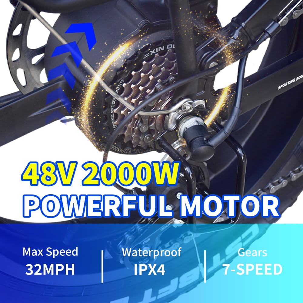 H20pro Bicicleta Electrica, Motor 2000W, 32mph, 55-75 Millas de Alcance, Batería extraíble 52V 25Ah, 20" Fat Tire Plegable Bicicleta Electrica de Montaña para Adultos, Doble Amortiguador