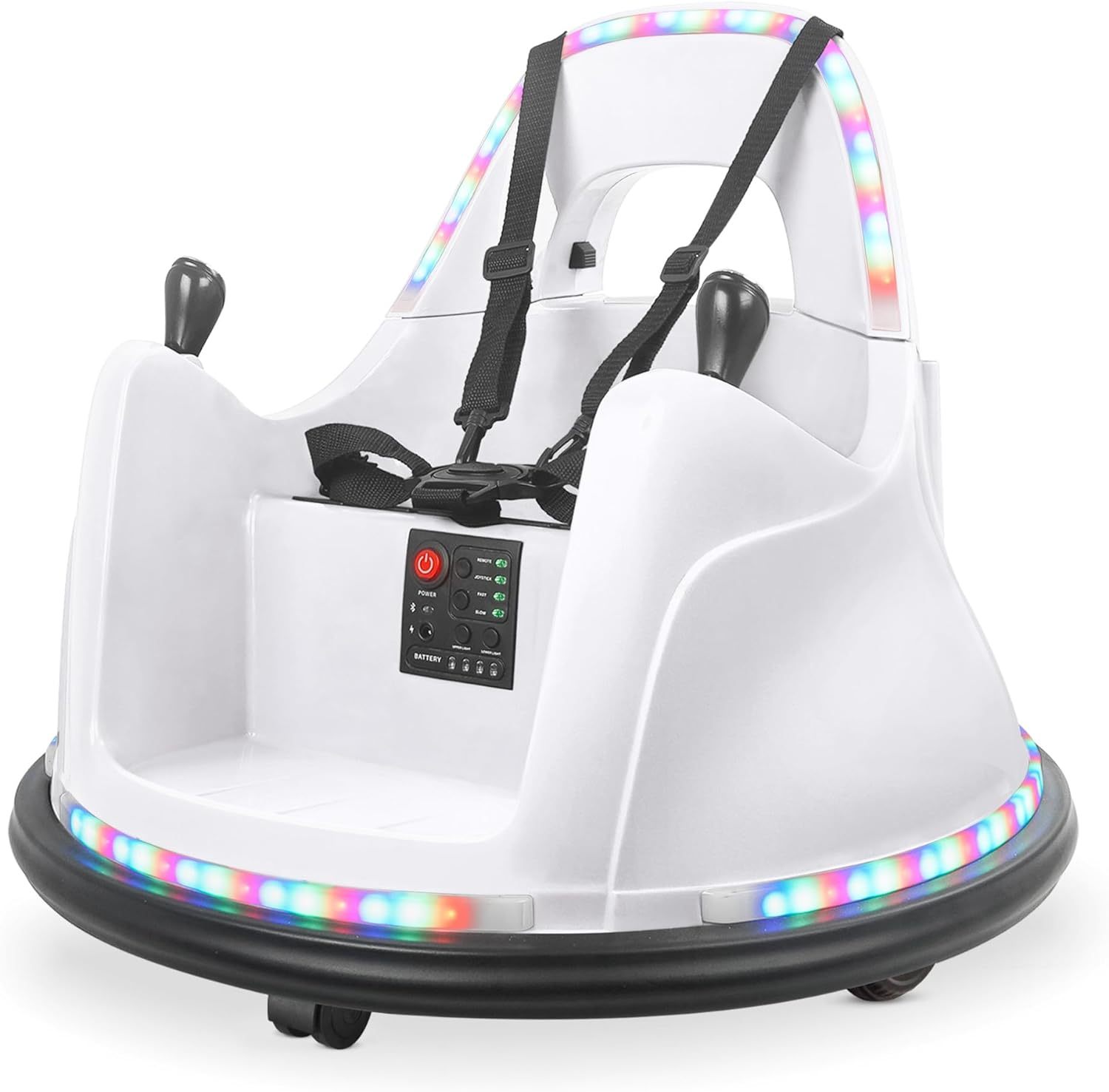 Kidzone Coche de parachoques inteligente para niños pequeños y niños, 12 V, 2 velocidades, juguete eléctrico para chocar, regalos con control remoto, control de aplicación, luces LED, Bluetooth, giro de 360° y pegatina de bricolaje, certificado ASTM