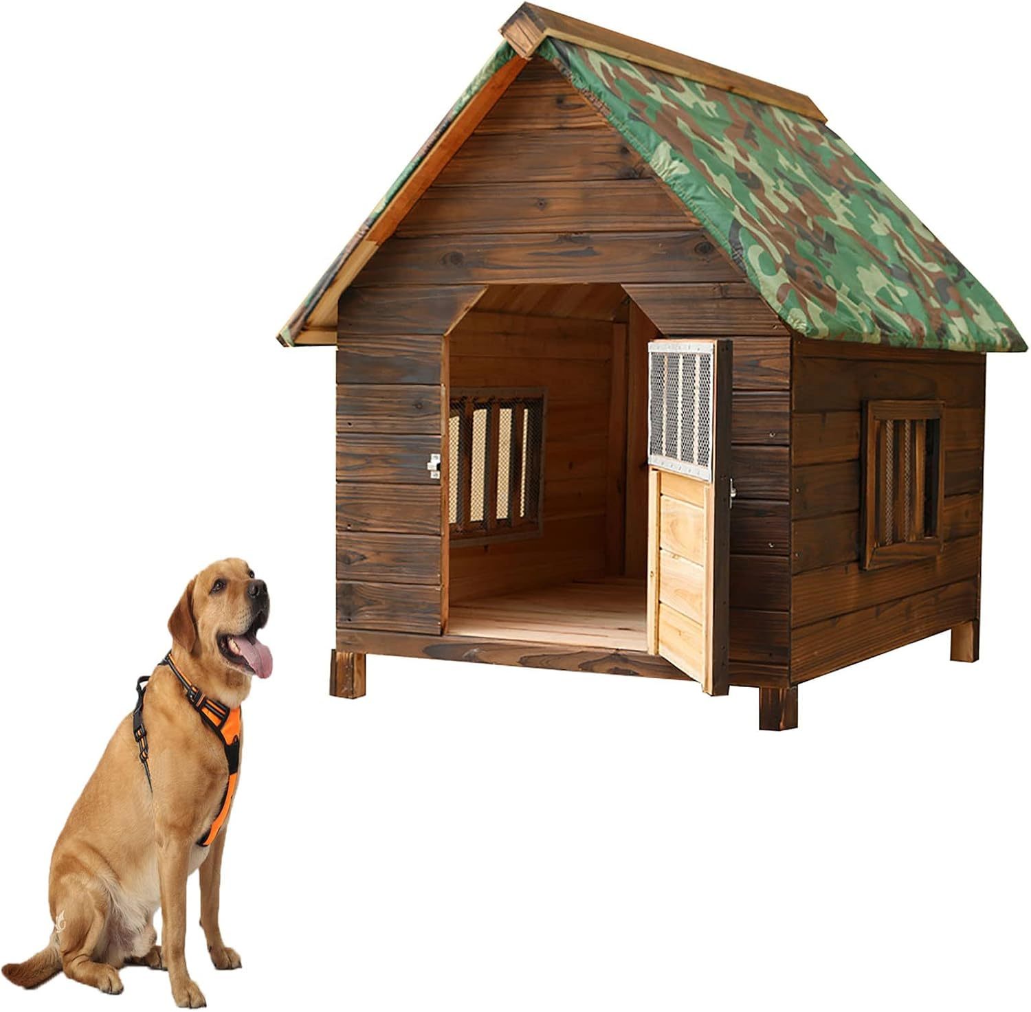 Casa grande de madera para perros al aire libre, resistente al viento y a la lluvia, con puertas y ventanas, cubierta de camuflaje para lluvia, tamaño: 56 x 45 x 48 cm