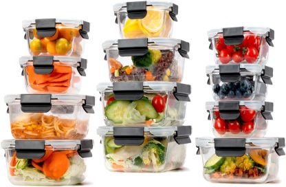 EasyWare JUEGO DE RECIPIENTES DE VIDRIO HERMÉTICO, CONTENEDORES Para Alimentos con Tapas Cierre Fácil, Refractarios para Cocina, Horno, Refrigerador Congelador (JUEGO 10 RECIPIENTES (20 PZ))