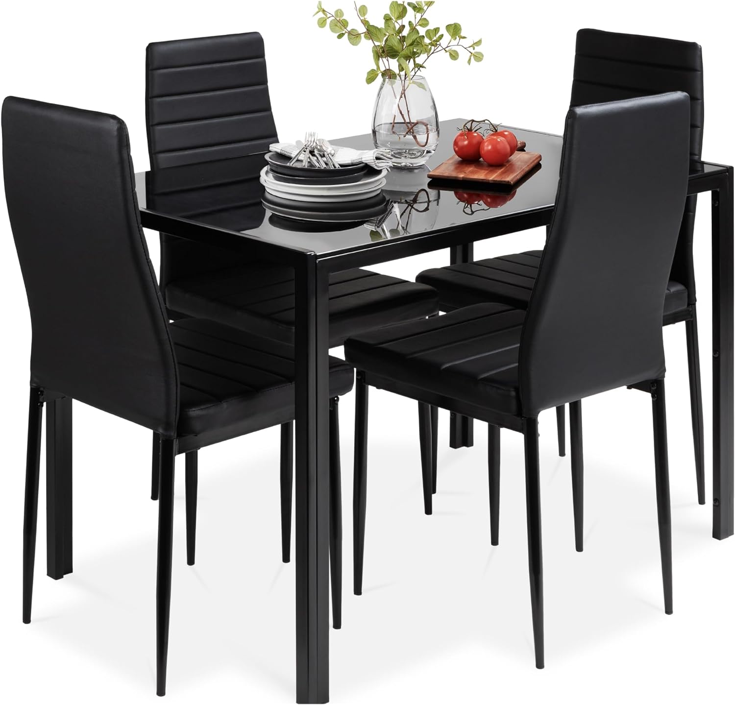 Best Choice Products - Juego de mesa de cocina y comedor de 5 piezas con tapa de cristal y 4 sillas de cuero Dinette, color negro